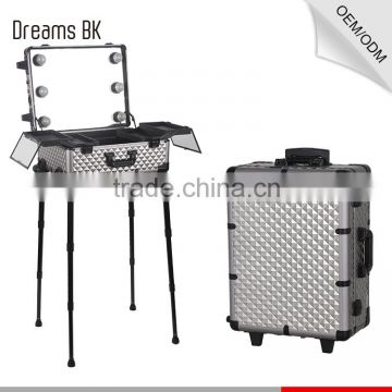 Stand Aluminum Professional Makeup cosmetic display Trolley Case beauty box with lights mirror