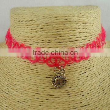 Red elastic nylon rope with antique brass sunflower choker necklace