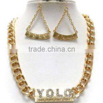 Crystal and Crystal stud yolo message plate and metal chain necklace earring set - you live only once