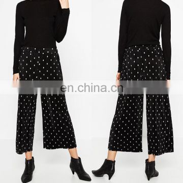 Factory cheap stretch waist dot print pleated culottes pants for women