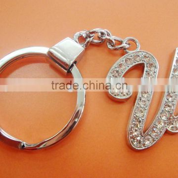 Iron key rings with alloy letter U with rhinestone 32mm