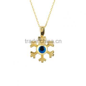 14K Solid Gold Snowflake Evil Eye Charm Necklace