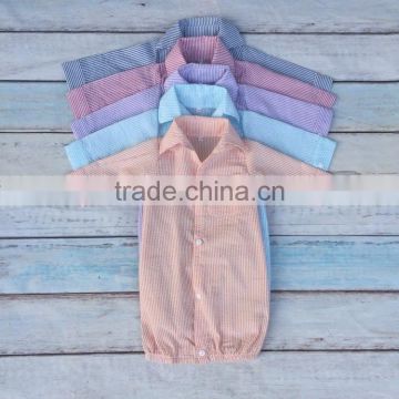 Wholesale seersucker baby boy monogrammed gowns button down infant stripes gown shower gift