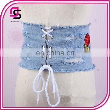 wholesale woman denim waist belt fashion with embroidery rose desgin