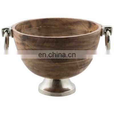 wooden bowl with metal base