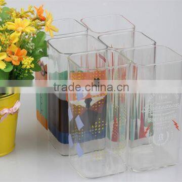 350ml hot selling unique design square transparent cheap glass drinking cup office water cup with colorful decal logo