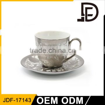 coffee cup set custom logo / silver pattern words printing coffee cup saucer