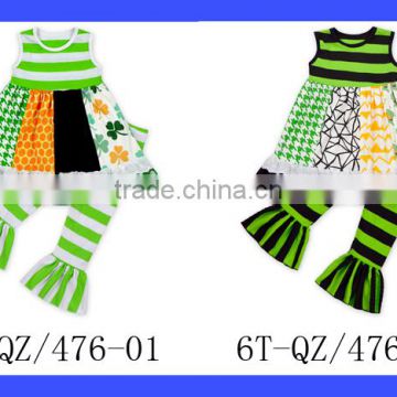 2017 Spring Newest Patchwork Pattern Outfit St.Patricks Day Girls Sleeveless Ruffle Clothes Wholesale Baby Children Clothes Set