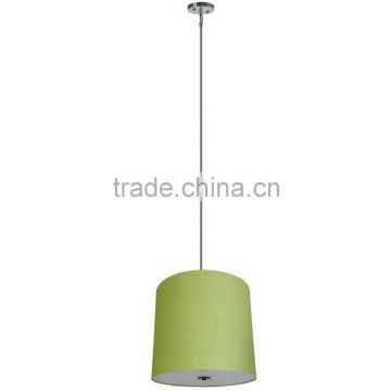 5 light chandelier(Lustre/La arana) in satin steel finish with a large round 22" x 20" tall silk look rich lime fabric shade