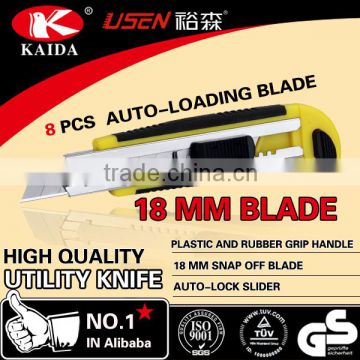 8 PCS Auto Loading 18mm Snap Off Blade Plastic with rubber grip handle Utility Knife