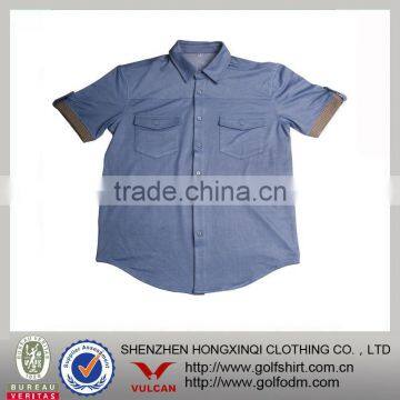 2013 Newest Yarn Dyed Custom Pockets Men Casual Shirts Short Sleeve Blue Color