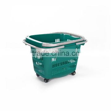 Convenience Double Handle Plastic Shopping Basket With Wheels