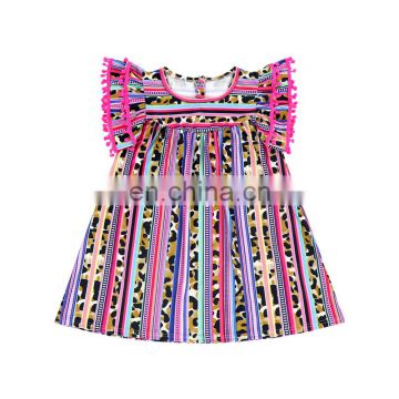 2020 New Design Leopard And Serape Beautiful Girl Dress Light Pink Pom Pom Short Sleeve Fancy Dresses For Baby Girl