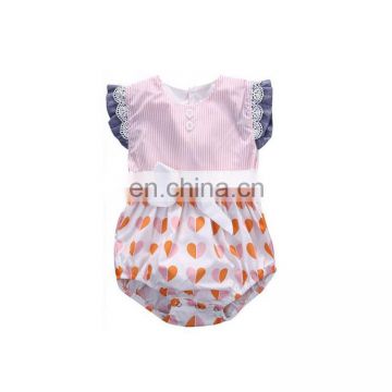 Newborn baby short sleeved romper striped and heart pattern cotton fly sleeve baby girl lace romper