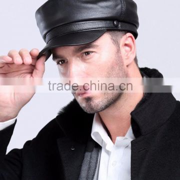 NEW 2015 men's Fashion four seasons unisex flat top genuine sheep leather hat cap in black