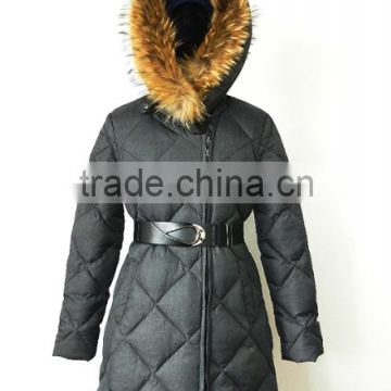 women polyester fabric duck down feather diamond puffer quilted real fur hooded jacket