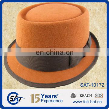 100% Wool Felt fedora hats for women, orange flat top pork pie hat with bowtie