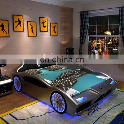 Popular Italy design Fashion Wholesale leather bed Modern LED light children bed Cute race car shape baby bed Top-quality