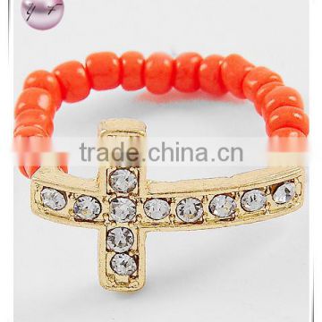 Gold Tone Orange Seed Beads Cross Ring