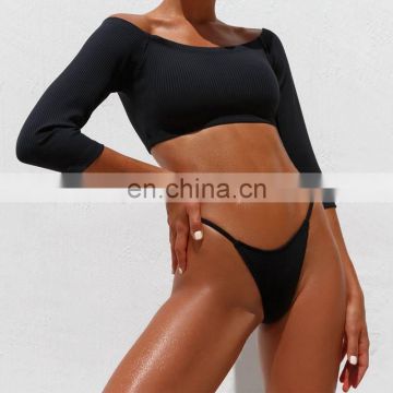 thong bikinis push up 2019 Ribbed swimwear woman Off shoulder bathing suit Long sleeve female swimwear high cut bathers