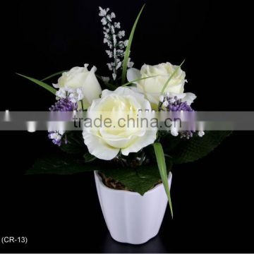 28cm Artificial Flower Satin Rose/Berries/Gypso/Grass With Fern & Plastic Pot