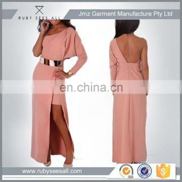 OEM women fashion peach long casual one shoulder dress latest elegant design online low moq 2016