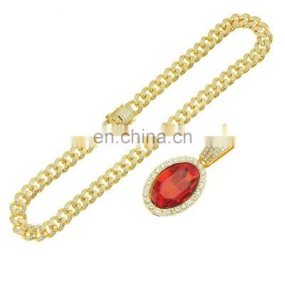 New Arrival Hiphop Rapper Tennis Chain With Green Ruby Stone Pendant Necklace For Women and Men