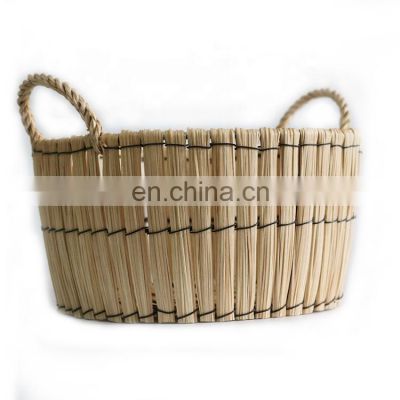 Portable durable large round rattan wicker iron display straw laundry baskets storage basket for home