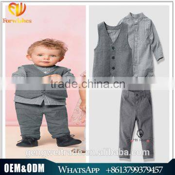 Wholesale Baby boy clothing set grey vest coat grid shirt pants 3 pcs handsome boys suit