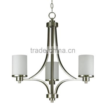 3 light chandelier(Lustre/La arana) in satin steel finish with white glass shade CH532-3SS