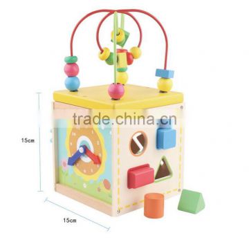 Wooden children's puzzle toy multifunction round bead box clock time cognition toys for kids