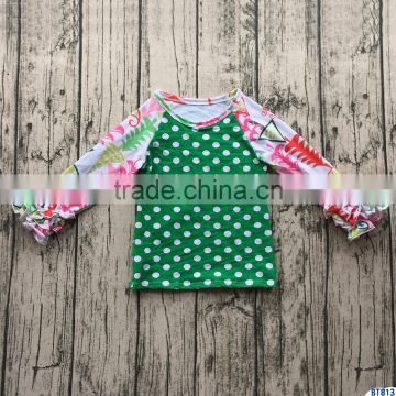 Baby Wholesale 2017 Christmas Icing Ruffle Raglan Polka Dot Green Cotton Long Sleeves T-Shirt