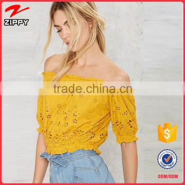 2016 OEM Service Cute Summer Yellow Off Shoulder Cotton Tops