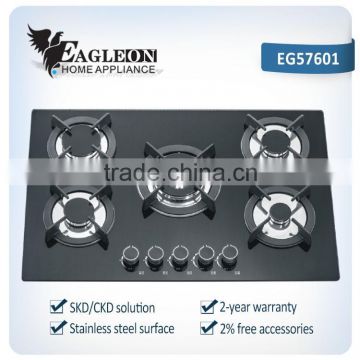 EG57601 76cm Black temper glass built-in gas hob/ gas cooktop/ 5 Sabaf burners