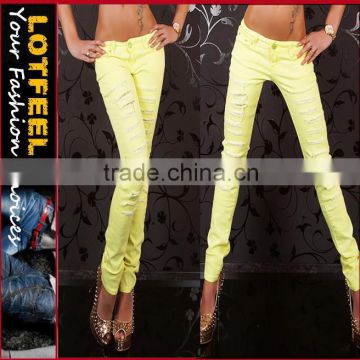 Yellow destroyed low rise sexy jeans for women (LOTX014)