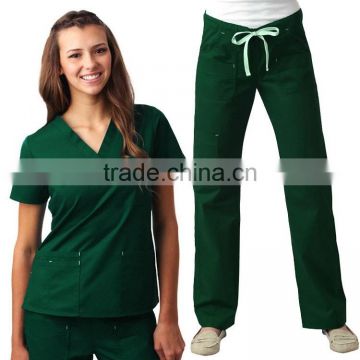 Green Top and Cargo Pants with Contrast Bar Tacks Medical Scrub Uniform Set