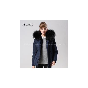 Fashion winter warm drak blue coat parka fur lined hooded woman fur jacket