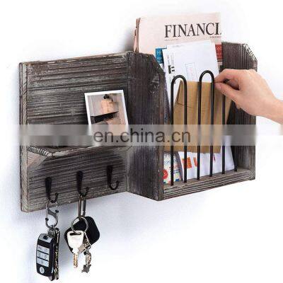Wall-mounted key mailbox storage rack wooden mail classification rack with 3 ayers key hook key holder for wall
