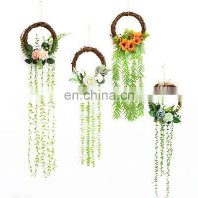 Wholesalers Faux Plants Hanger Rattan Floral Wall Hanging Hoop Wreath Artificial Flowers For Wall Decor