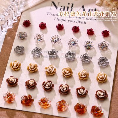 Camellia Nail Jewelry Autumn and Winter New Maillard Style Charcoal Color Ice Permeable Resin Diamond Mixed Net Red Popular Diamond