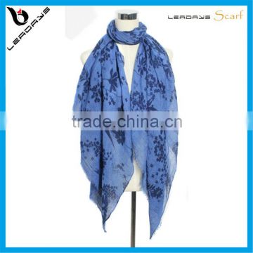 blue color flower and leaves printing fashion women custom woven scarves