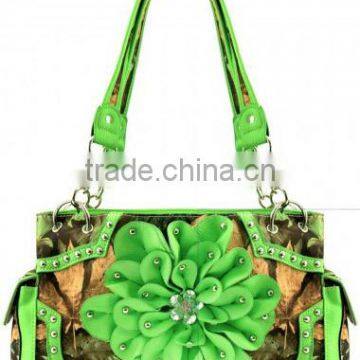 Wholesale Rhinestone Flower Design Camo Print Lime Purse