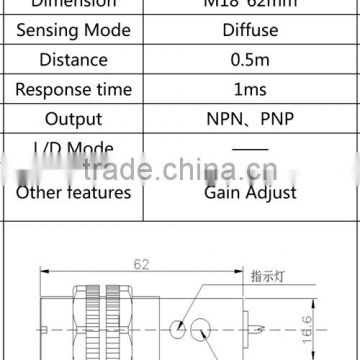 MR.PE.S18.DR0.5M.NPN M18 PHE03001 cylindrical photo switch different color sensor