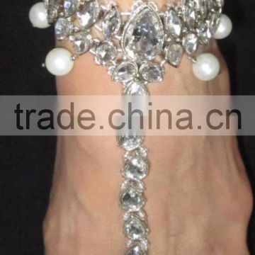 Silver Crystal pearl payal ANKLETS feet bracelet pair Barefoot sandal