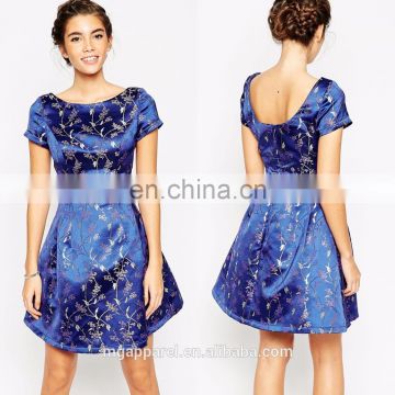 Good quality fashion woman party wear short sleeve satin embroidered short prom dress 2016