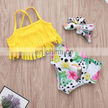 2019 summer New girls swimwear three-piece set yellow tassel top & bird shorts children bikini kids girls swimwear