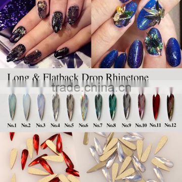 New Design 12 Color Nail Art Crystal Decoration 3*10mm Flat Back Long Drop Rhinestone for DIY Jewelry