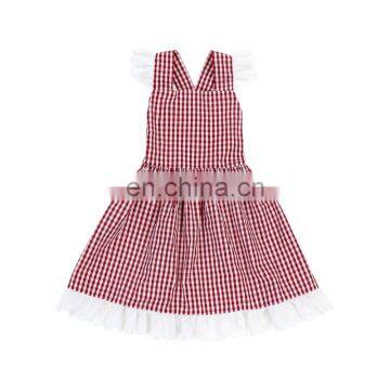 2019 new arrival red plaid flutter sleeve cross back baby girl summer dress lace dress