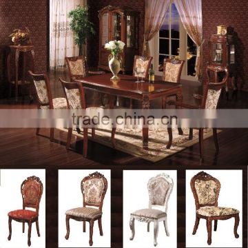 solid wood dining table with fabric chairs