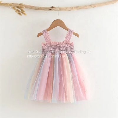 Kids Wear Dress Summer Girl Pretty Princess Dress Children Sling Sleeveless Rainbow Mesh Tutu Dress for Toddler